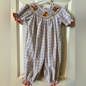 Stitchy Fish Thanksgiving Tradition Smocked Romper, Tan, 9M